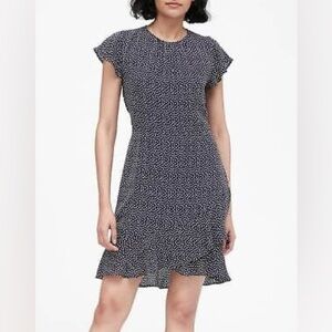 NWT Banana Republic Navy Polka Dot Print Flutter Sleeve Mini Dress Size 16